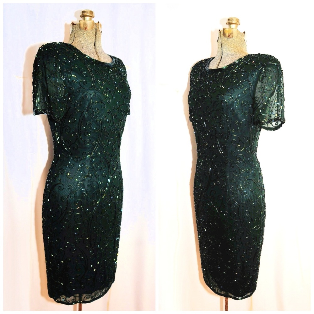 VTG 80s AJ Bari Beaded Dark Green Sheath Dress XS - Picture 2 of 8